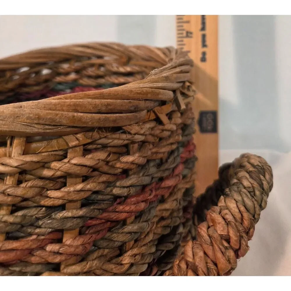 Vintage Woven Basket Planter Two Handle Rustic Boho Storage